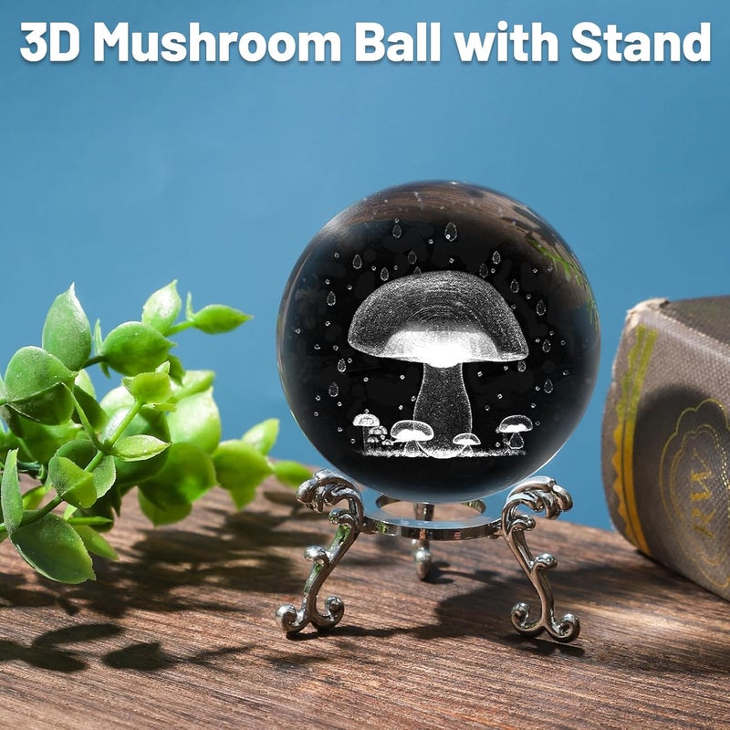 PYJ3DLAMP 3D Mushroom Crystal Ball with Stand Lase Engraved Glass Sphere Paperweight Mushroom Decor Gift - Image 3